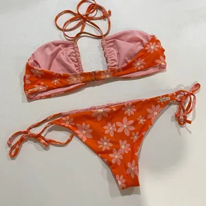 Wrangler Floral Bikini Set Orange Pink Daisy Tie Side Swimwear Estimated XS/S thumbnail 3