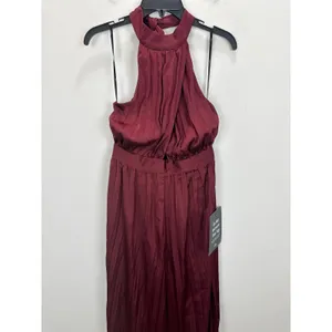 Lulus Confident Impression Burgundy Satin Pleated Halter Jumpsuit Small NWT thumbnail 6