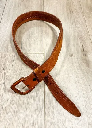Vintage Tan Floral Tooled Leather Western Belt Woven Detail Size 32 thumbnail 1
