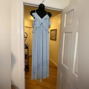 CHELSEA 28 Light Blue Ruffle Neck Spaghetti Strap MIDI Dress size Medium EUC thumbnail 3