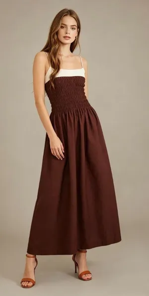 NWOT Farm Rio Cotton Sleeveless Midi Dress Brown and Ivory Sz L thumbnail 1