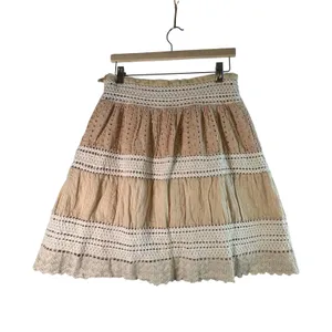 Crochet Lace Eyelet Tiered Mini Skirt S Tan Boho Cottagecore Prairie‎ Fairy Soft thumbnail 2