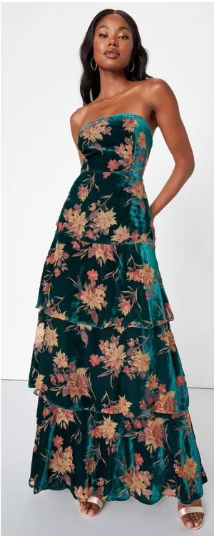Lulus Real Allure Emerald Floral Burnout Velvet Strapless Maxi Dress Size XS thumbnail 1