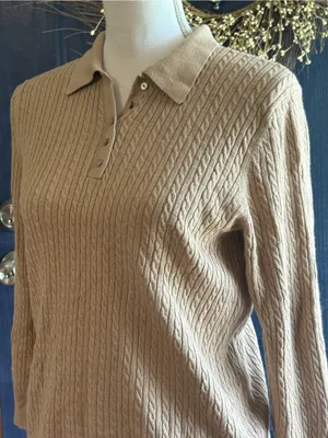 Brooks Brothers 346 Silk Cashmere Cable Knit Polo Sweater Tan M thumbnail 2
