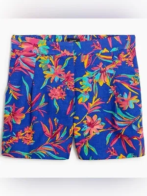 J. Crew Blue Painterly Bloom Linen-Blend High Waist Pleated Shorts size 12 thumbnail 2