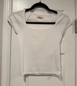 NWOT Madewell Size M White Square Neck Short Sleeve Ribbed Stretch Cropped Top thumbnail 1