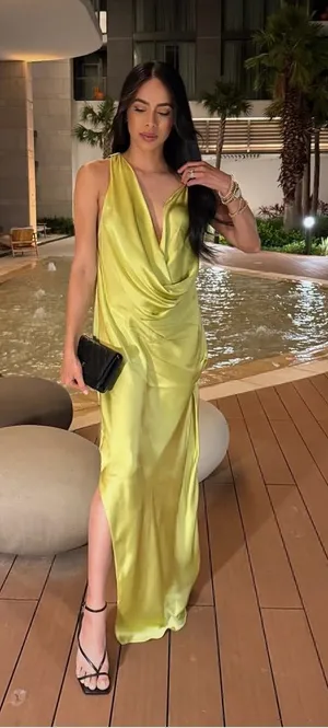 Zara maxi dress zwcollection satin flowy Sleeveless Lime evening party wedding thumbnail 1