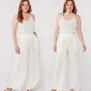 NWT prAna Fernie Wide Leg Jumpsuit M White Beach Crinkle Modal Resort Boho thumbnail 2