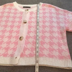 Pink Houndstooth Long Sleeve Cropped Cardigan Sweater thumbnail 6