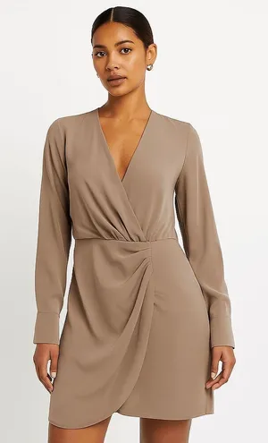 Abercrombie & Fitch Nude Tan Chiffon Long Sleeve Faux Wrap Dress Large Tall NWT thumbnail 1