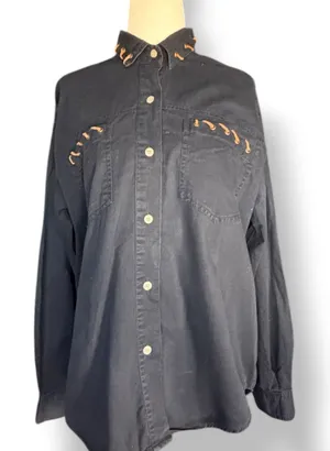 Vintage Black Lace Up‎ Western Shirt Women’s Small Cotton Button Down Ranch Top thumbnail 1