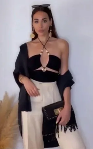 ZARA Black Ribbed Cut Out Crop Top With Beads thumbnail 3