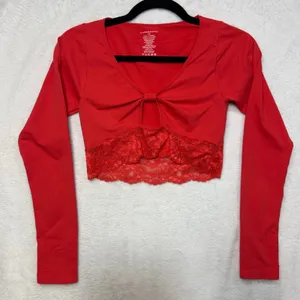 Anthropologie S/M Lace-Trim Cutout Long-Sleeve Crop Top Red Coquette Ballet Sexy thumbnail 5