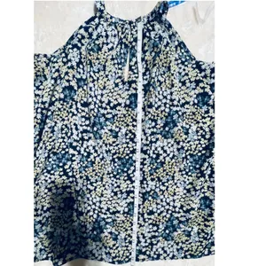 Michael Kors‎ Floral Cold Shoulder Chain Halter Neck Blouse Navy Blue Cream L thumbnail 7