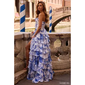 Sherri Hill 57423‎ Floral Chiffon Strapless Ruffle Gown with Slit NWT Size 6 thumbnail 2