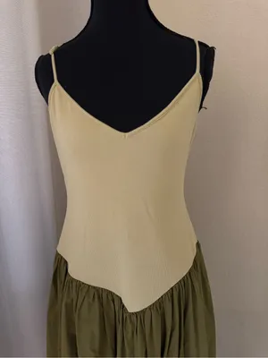Maeve Anthropologie Ribbed Drop Waist Midi Dress Olive Green Cream Large thumbnail 3