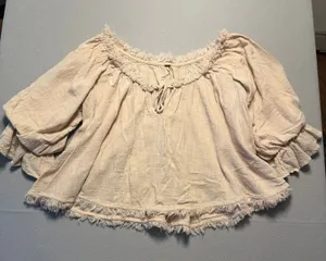 Free People Boho Frayed Gauze Peasant Blouse Top Beige Women Size Medium thumbnail 1