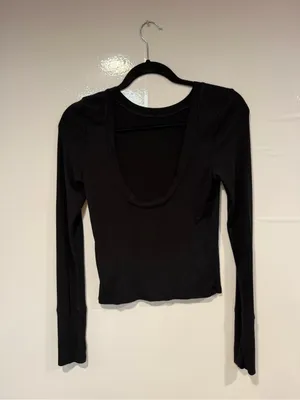 Black Ribbed Long-Sleeve Swoop Back Aerie Women's Top thumbnail 3