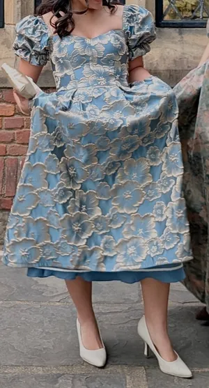Azazie Blue and Gold Floral Puff Sleeve Dress WITH POCKETS thumbnail 1