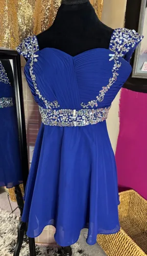 Royal Blue Rhinestone Embellished Chiffon Cocktail Homecoming‎ Dress Cap Sleeve thumbnail 1
