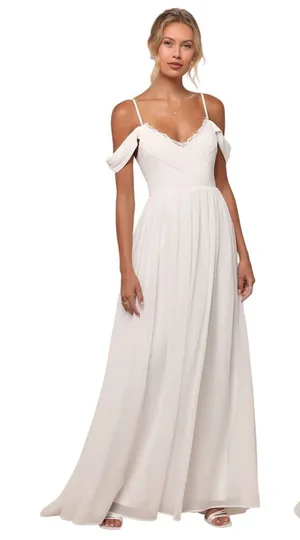 Lulus Marcelyn White Pleated Cold-Shoulder Maxi Dress Medium NWT Wedding Bridal thumbnail 1