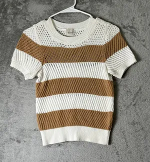 Maeve Open Stitch Mesh Sweater Women's XXS Tan Cream Striped Short Sleeve Knit thumbnail 1