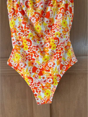 Aerie Tropical Print One Piece Bandeau Swimsuit Retro Floral Women’s Small thumbnail 2