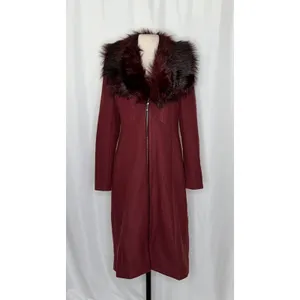 WHBM Burgundy Long Coat Removable Faux Fur Collar White House Black Market XS thumbnail 2