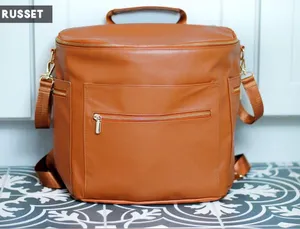 Faux leather brown cognac tan large backpack diaper bag thumbnail 2