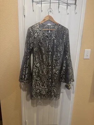 White House Black Market Size 8 Metallic Silver Bell Sleeve Dress thumbnail 8
