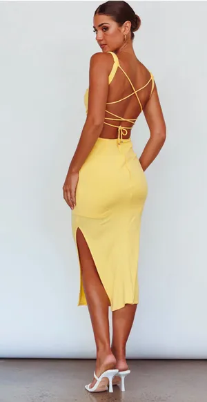 Selfie Leslie Dream Crush Lace Up Midi Dress Lemon Large NWT thumbnail 4