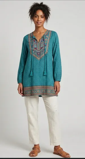 Urban Coco Boho Pullover Southwestern Tunic Top with Tassel Tie size L thumbnail 4