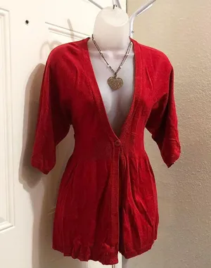 2000s Y2K Red single button cardigan blouse top shirt short sleeve v-neck -Size S Whimsygoth romantic coquette Measurements in pics thumbnail 1