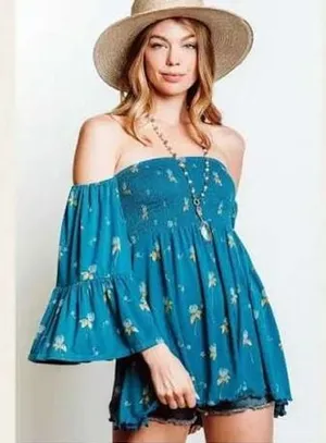 Free People Top Size S Blue Smocked Off-The-Shoulder Floral Bell Sleeve Boho‎ thumbnail 1