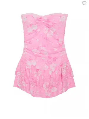 Strapless Pink Floral Ruched Ruffle Mini Dress in Everblooming Pink thumbnail 4