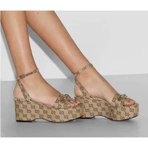 Gucci Lady Horsebit GG Supreme Canvas Platform Sandals Beige 37.5 Box Dust Bags thumbnail 6