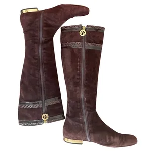 Tory Burch Brown Suede Riding Boots Snakeskin Gold Logo Knee High Sz 8 thumbnail 6