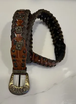 Women's Medium Leather & Brass Belt 30” Total Length Braided Fabric Western Boho thumbnail 1