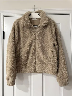 MOD ON TREND Teddy Sherpa Zip-Up Jacket - Beige Lined Pockets Size M thumbnail 1