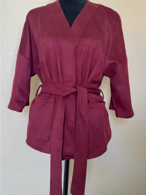 Classic Concepts Burgundy Faux Suede Belted Jacket Cardigan Medium thumbnail 3