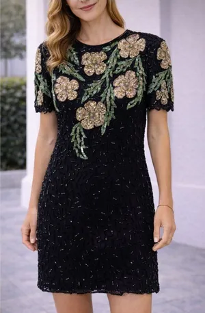 Laurence Kazar Dress Womens Medium Black Vintage Sequin Beaded Floral Silk Party thumbnail 1