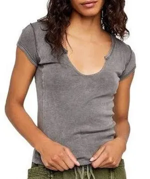 Free People Always Yours Tee Gray Notched V Neck Mineral Wash Gray‎ Womens Small thumbnail 1