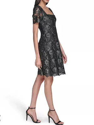 Eliza J Petite Black and Silver Square Neck Lace Fit and Flare Dress Size 10 P thumbnail 3