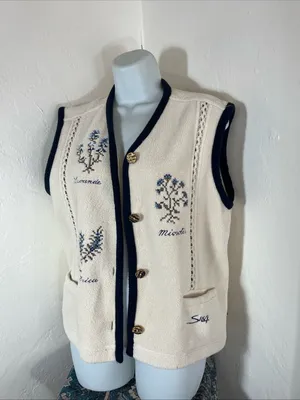 Cream Sleeveless Floral Knit Vest with Navy Trim thumbnail 2