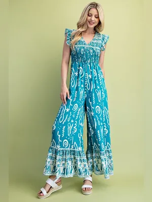 Boutique Turquoise Boho Wide Leg Jumpsuit Resort Vacation Beach Outfit thumbnail 2