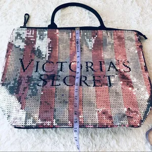 Victoria's Secret Limited Edition Pink & Silver Sequins Stripe Tote Bag Purse thumbnail 5