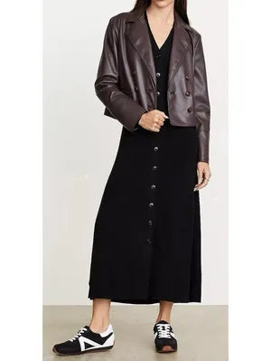 LOFT Versa Faux Leather Cropped Double Breasted Blaze Sz XSP Brown Espresso thumbnail 3
