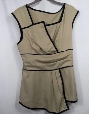 Size M Beige Black Piped Asymmetrical Peplum Top Size M thumbnail 1