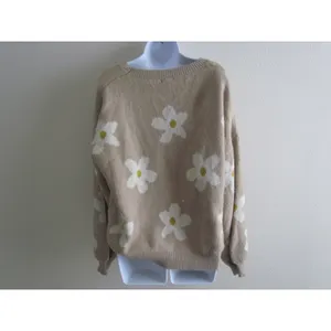 Debut‎ Floral Daisy Knit Sweater M/L Beige Crew Neck Boho Cottagecore CA9820-B thumbnail 2