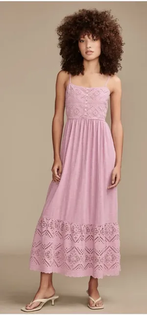 Lucky‎ Brand Maxi Dress Medium 100% Cotton Eyelet Sundress Sleeveless Smocked thumbnail 1